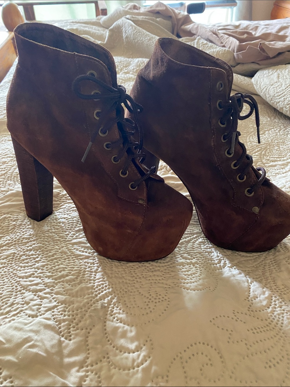 JEFFREY CAMPBELL LITA Brown Suede Lace-Up Platform Booties